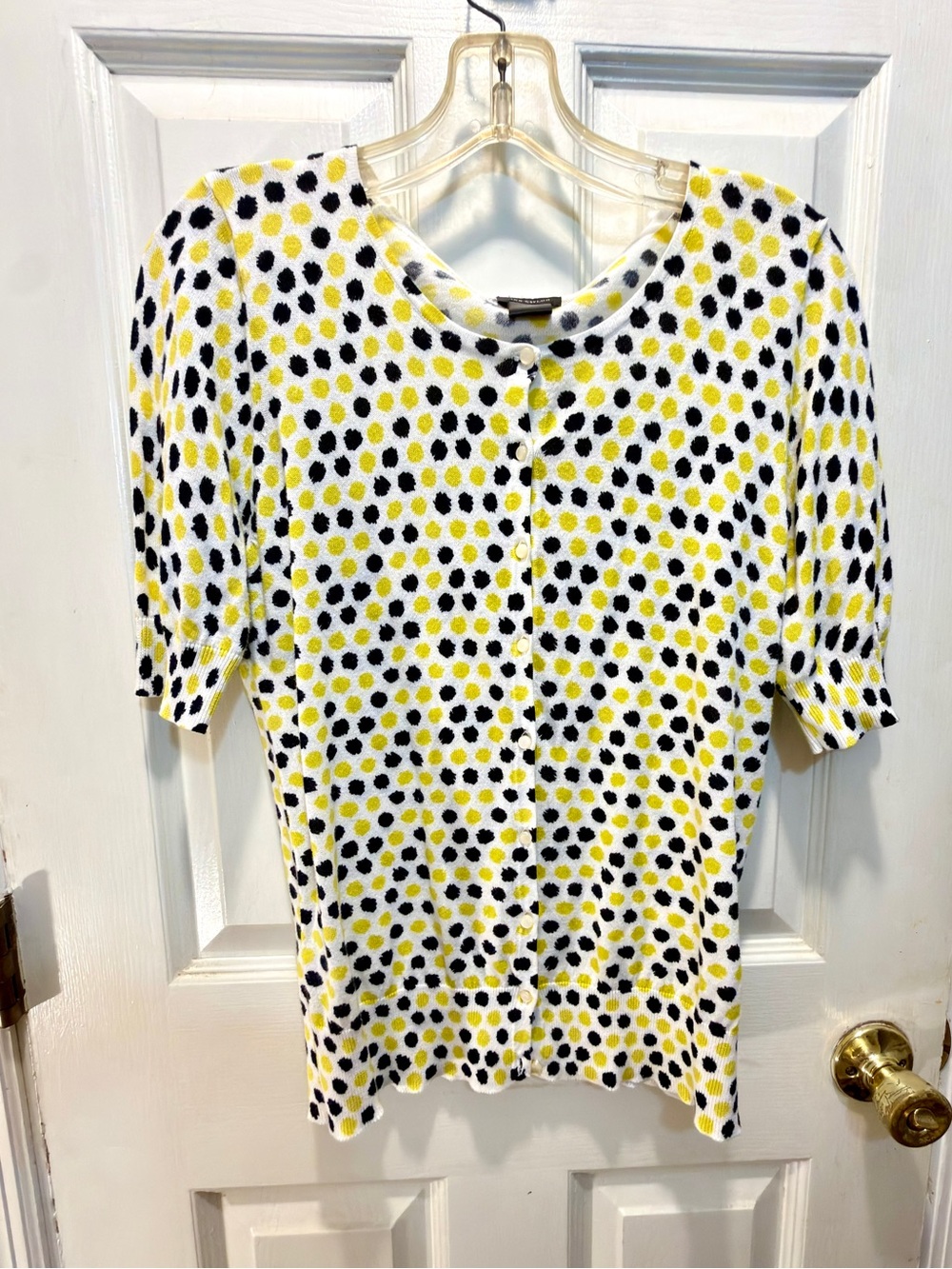 Ann Taylor Yellow & Black Polka Dot Short Sleeve Cardigan